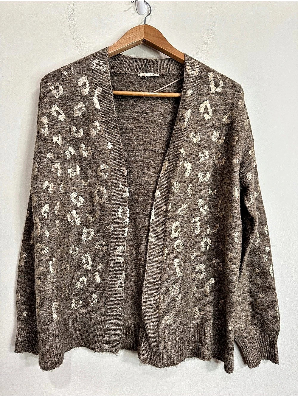 Mystree Tan Knit Open Front Cardigan with Animal Foil Gold Print Neutrals size S
